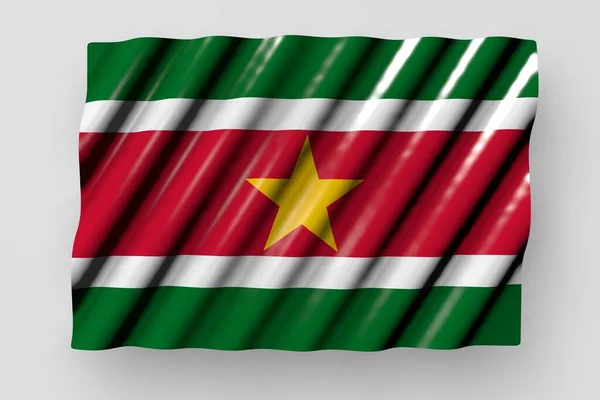 Gyönyörű Fényes Zászló Suriname Nagy Redők Fekvő Lapos Elszigetelt Szürke — Stock Fotó
