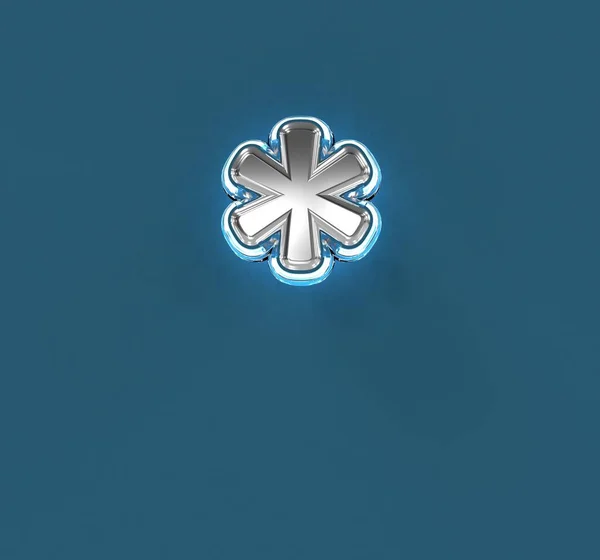ホワイトアウトラインとブルーバックライト付きスチールメタルアルファベット 青の背景に隔離されたアスタリスク シンボルの3Dイラスト — ストック写真