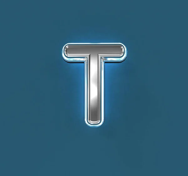 带有白色轮廓和蓝色背光字母T的钢制金属字母表 蓝色背景隔离 符号的三维插图 — 图库照片