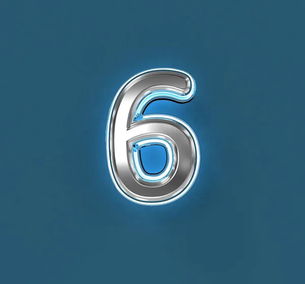 带有白色轮廓和蓝色嘈杂背光的钢制黄铜字母表 用蓝色三维符号表示的数字6 — 图库照片