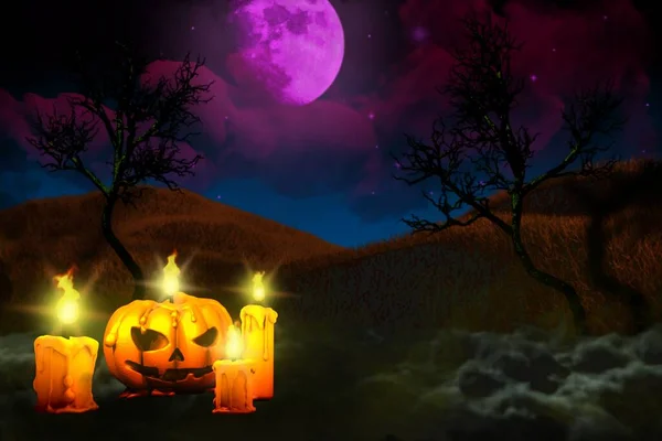 万圣节多彩的可爱的暗夜造型 背景设计模板3D插图 左边有南瓜蜡烛 右边有自由空间 发光的蜡烛概念 — 图库照片