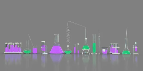 배경에 녹색과 분홍색 액체가 제품의 실험실 — 스톡 사진