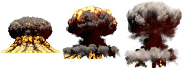 3 büyük aşama, beyaz üzerine izole edilmiş duman ve alevlerle termonükleer bombanın mantar bulutu patlaması ateşler.