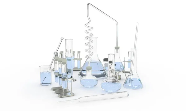 Ilustrace Objektů Laboratorní Zkumavky Různými Chemickými Skly Vodou Izolovanou Bílém — Stock fotografie
