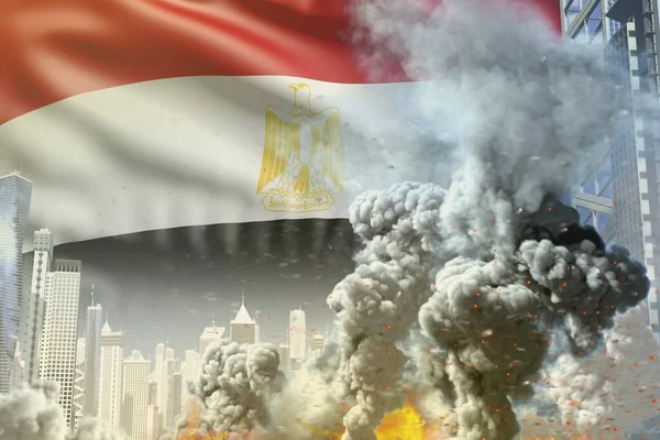 huge smoke pillar with fire in the modern city - concept of industrial catastrophe or terrorist act on Egypt flag background, industrial 3D illustration
