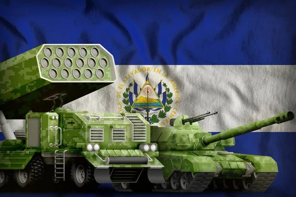 tank and rocket launcher with summer pixel camouflage on the El Salvador flag background. El Salvador heavy military armored vehicles concept. 3d Illustration