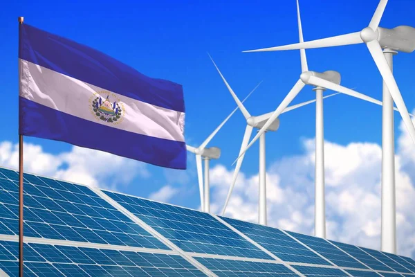 エルサルバドル太陽光と風力 風車による再生可能エネルギーの概念 地球温暖化に対する再生可能エネルギー 産業用イラスト 3Dイラスト — ストック写真