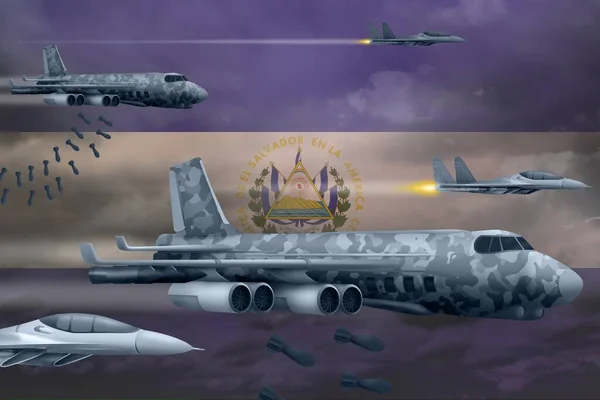 Salvador Bom Luchtaanval Concept Moderne Salvador Oorlogsvliegtuigen Bombarderen Vlag Achtergrond — Stockfoto