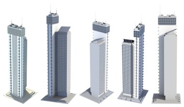 5 adet hayali tasarım, soyut yüksek binalar gökyüzü yansıması olan düz kuleler bloğu - beyaz üzerine izole edilmiş, kuş bakışı mimarinin 3D çizimi