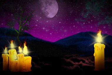 Cadılar Bayramı çoklu renkli korku gecesi modeli - solda mum seti ve sağda yalnız mum seti, şaka mı şeker mi konsepti - arka plan tasarımı 3 boyutlu tasarım