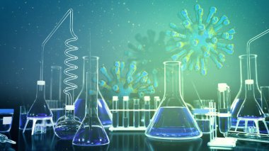 Coronavirus COVID-19 aşı arka planı, virüs test tüpleri - bilimsel konsept, tıbbi 3D illüstrasyon