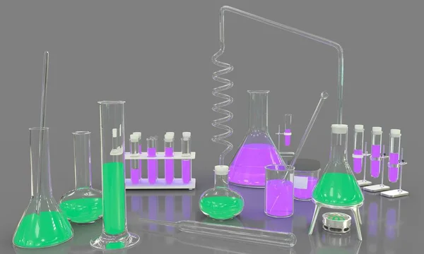 Illustration Objects Laboratory Test Tubes Various Pharmaceutical Glassware Green Pink — Stock Photo, Image