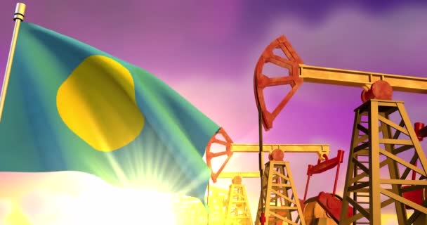 Palau Flag Waving Background Oil Wells Pumping Oil Sunset Oil — Stock Video