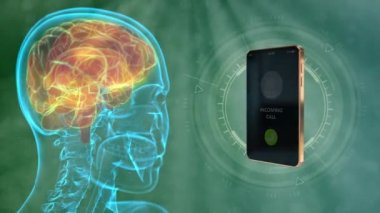 4K 60 fps 3D animasyon - rontgen insan kafası çalan cep telefonuyla hareket ediyor, LTE ağ kavramının beyin hasarı