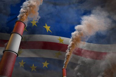 Cabo Verde kavramındaki kirlilik savaşı - bayraklarda yoğun duman bulunan iki büyük sanayi bacasının endüstriyel 3D çizimi