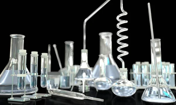 Tubos Ensaio Laboratório Outros Objetos Vidro Bio Com Água Sobre — Fotografia de Stock