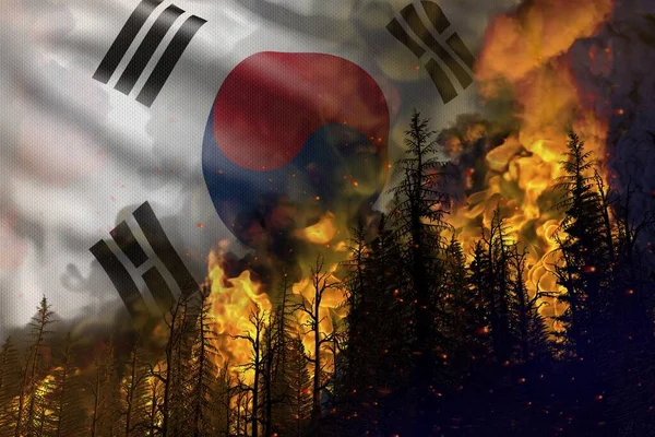 Forest fire fight concept, natural disaster - flaming fire in the woods on Republic of Korea (South Korea) flag background - 3D illustration of nature