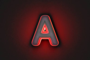 Kırmızı çizgili ve arka lambalı gri beton alfabe - koyu gri üzerinde izole edilmiş bir harf, sembollerin 3 boyutlu çizimi