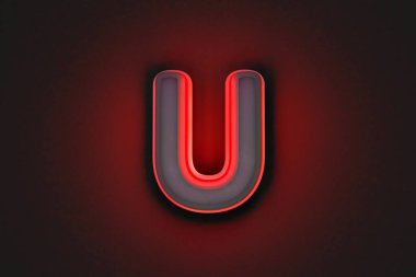 Kırmızı çizgili ve arka lambalı gri taş alfabe - Gri arkaplanda U harfi, sembollerin 3 boyutlu çizimi