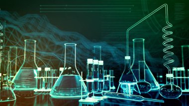 Farmasötik konsept, laboratuvar ispatları ve dijital efektli diğer cam eşyalar mikrobiyoloji arka planı, nesnelerin 3 boyutlu çizimi olarak kullanılabilir.