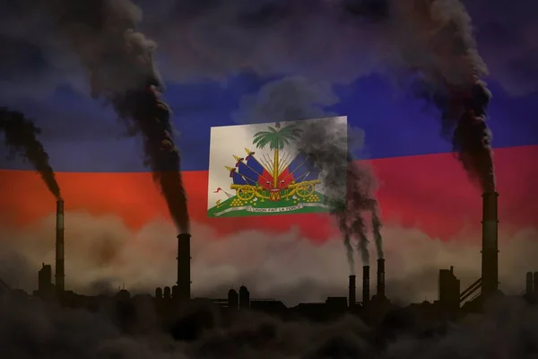 ハイチの国旗に工場パイプの重い煙 地球温暖化の概念 あなたのロゴのためのスペースと背景 産業用3Dイラスト — ストック写真