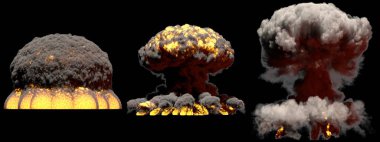 3 büyük aşama ateş mantar bulut patlama füzyon bomba duman ve alevler izole siyah arkaplan - 3D patlama çizimi