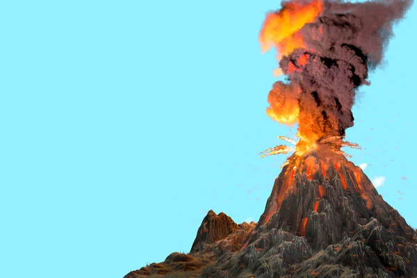 Erupção Estratovulcão Com Enorme Coluna Fumaça Chamas Isoladas Fundo Azul — Fotografia de Stock