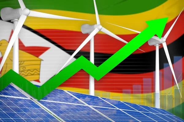 Zimbabwe solar and wind energy rising chart, arrow up  - modern energy industrial illustration. 3D Illustration