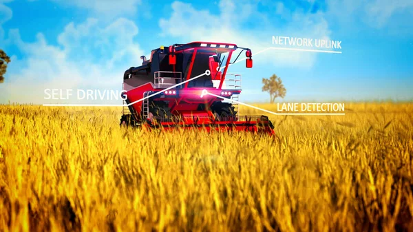 robot harvester working on the farm field - industrial 3D illustration with digital overlays