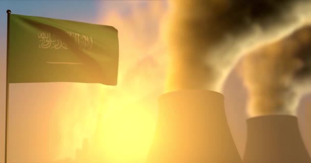 沙特阿拉伯国旗在烟道上飘扬的背景 日落污染 全球变暖概念 Uhd 3D动画 — 图库视频影像
