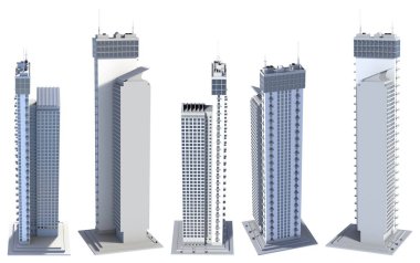 5 view from above renders of fictional design high tech buildings block of flat towers with sky reflections - isolated on white, 3d illustration of architecture