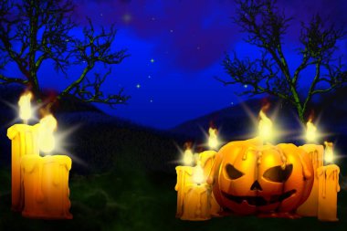 Halloween multi colored scary dark texture - background design template 3D illustration with set of candles on left and candle in pumpkin style on the right, celebration concept