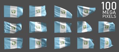 Guatemala bayrağı izole edildi - gri arkaplanda dalgalanan bayrağın çeşitli resimleri - nesne 3D illüstrasyon
