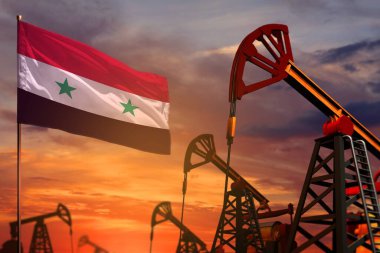 Syrian Arab Republic oil industry concept, industrial illustration. Syrian Arab Republic flag and oil wells and the red and blue sunset or sunrise sky background - 3D illustration