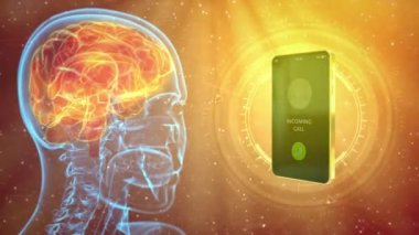 X ışını insan kafası çalan cep telefonuyla hareket ediyor, 5G iletişim konseptiyle beyin hasarı - tıbbi 4K 60 fps 3D animasyon