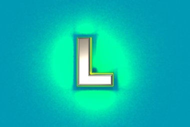 Sarı çizgili gümüş metalik yazı tipi ve yeşil gürültülü arka ışık - mavi renkli L harfi, sembollerin 3 boyutlu çizimi