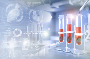 Tıp 3D illüstrasyon, üniversite tesisinde test tüpleri - kan şekeri veya yaratıcı gradyan kaplamalı potasyum için kan DNA testi