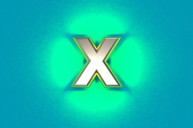 Sarı çizgili ve yeşil sesli alfabe - mavi üzerine izole X harfi, sembollerin 3 boyutlu çizimi