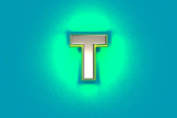 黄色の輪郭と緑のノイズの多いバックライトを持つ銀の真鍮のアルファベット 文字Tは青 シンボルの3Dイラストに孤立 — ストック写真