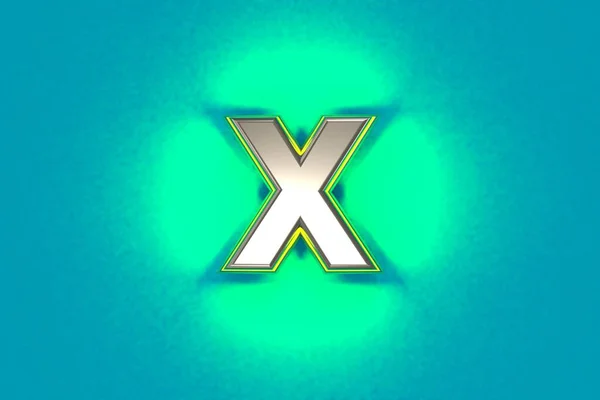 黄色の輪郭と緑のノイズの多いバックライトを持つ銀の真鍮のアルファベット 文字Xは青に隔離され シンボルの3Dイラスト — ストック写真