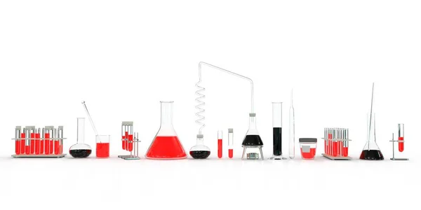 Line Laboratory Test Tubes Other Bio Glassware Red Black Liquids — Stock Photo, Image
