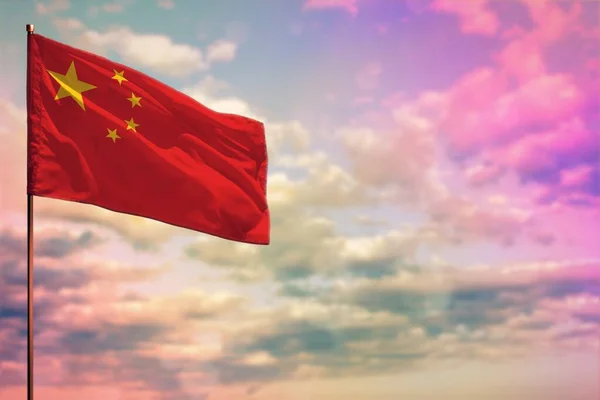 Třepetání Čína Vlajka Maketa Místem Pro Váš Text Barevné Oblačné — Stock fotografie
