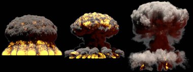 3 büyük aşama ateş mantar bulut patlama nükleer bomba duman ve alevler izole siyah arkaplan - 3D patlama çizimi