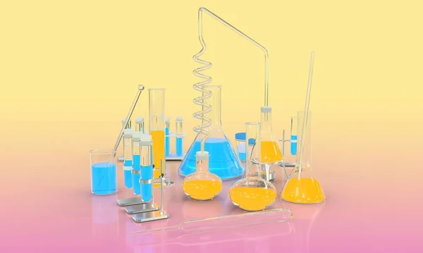 3D illustration of objects - lab test-tubes with various chemical glassware with blue and orange liquids isolated on yellow - pink gradient background - university concept background