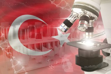 Türkiye bilim gelişimi dijital arkaplan - bayrak üzerinde mikroskop. Klinik tıp tasarımı konsepti araştırması, nesnenin 3 boyutlu illüstrasyonu