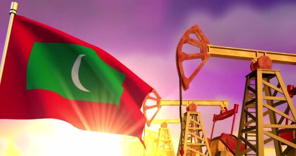 Maldives Flag Waving Background Oil Wells Pumping Oil Sunset Oil — Stock Video