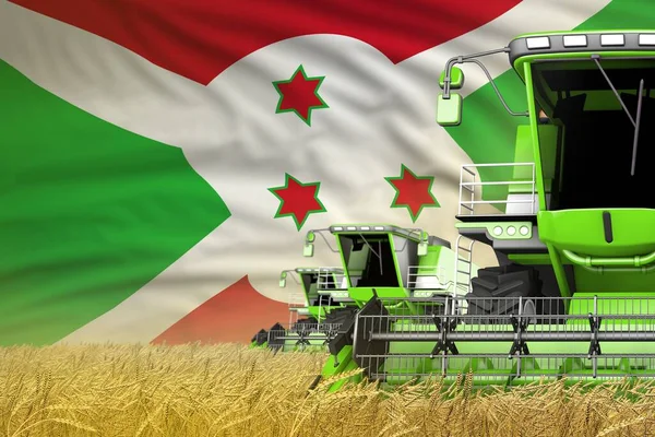 Промышленная Иллюстрация Трех Современных Зеленых Комбайнов Флагом Бурунди Пшеничном Поле — стоковое фото