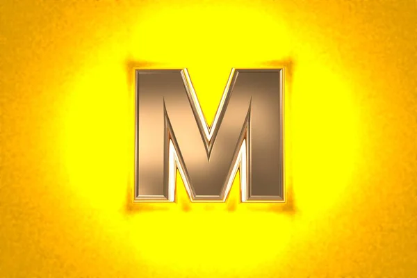 濃い黄色のノイズのあるバックライト付き高齢者の金や銅の真鍮のフォント 文字Mはオレンジの背景に隔離され シンボルの3Dイラスト — ストック写真