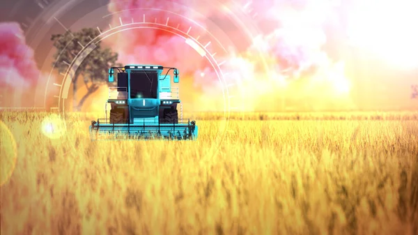Industrial Illustration Digital Overlays Autopilot Harvester Combine Working Farmland Field — Stock Photo, Image