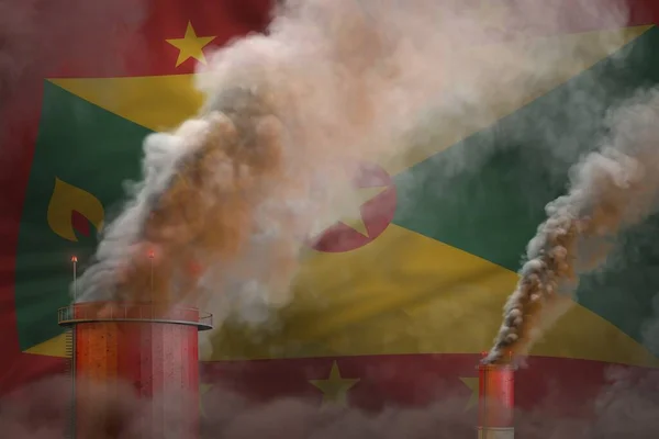 Global warming concept - heavy smoke from industrial pipes on Grenada flag background with place for your content - industrial 3D illustration